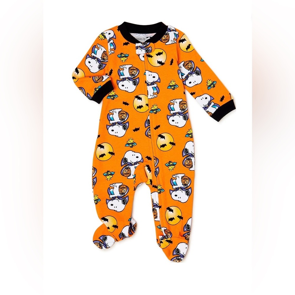 Peanuts Snoopy Kids Footie - Orange and Black infant Halloween pjs 0/3M New